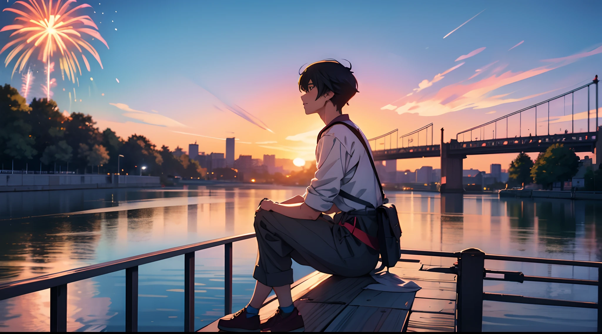 1 Anime handsome boy sitting on a ledge of bridge at sunsetlooking at the river, Crowded people around him at festival, waiting sadly, Fireworks, Wallpaper 8K, Anime Art Wallpaper 8K, Anime Art Wallpaper 8K, Estilo anime 8K, 8k anime wallpapers, Wallpapers manga 4K wallpapers, Makoto Shinkai Cirilo Rolando, crowded festival, menino lofi