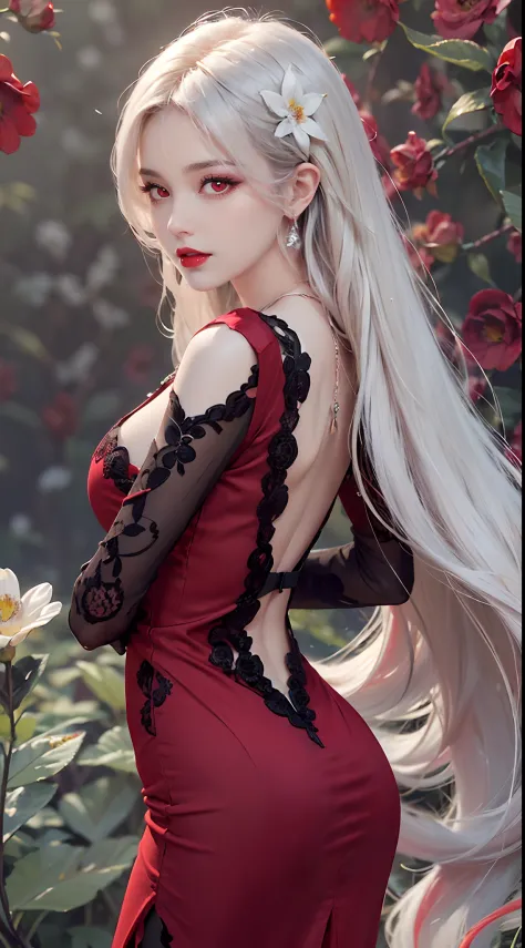 A beautiful and sexy 20 year old girl, ((wearing a super thin red dress:1.8)), diamond dress, ((long platinum hair:1.6)), bangs,...