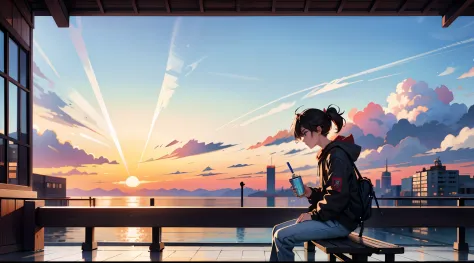 the boy sits on a bench，hold a skateboard and drinks, shoun, sitting on the railing, the city in the distance，sky clouds, , cai ...