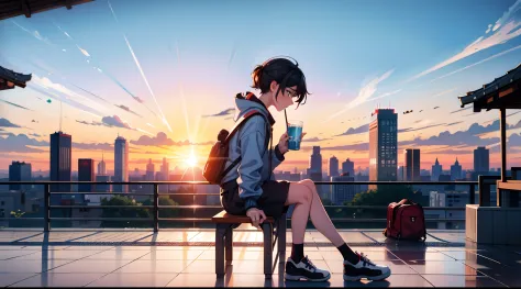 the boy sits on a bench，hold a skateboard and drinks, shoun, sitting on the railing, the city in the distance，sky clouds, , cai ...