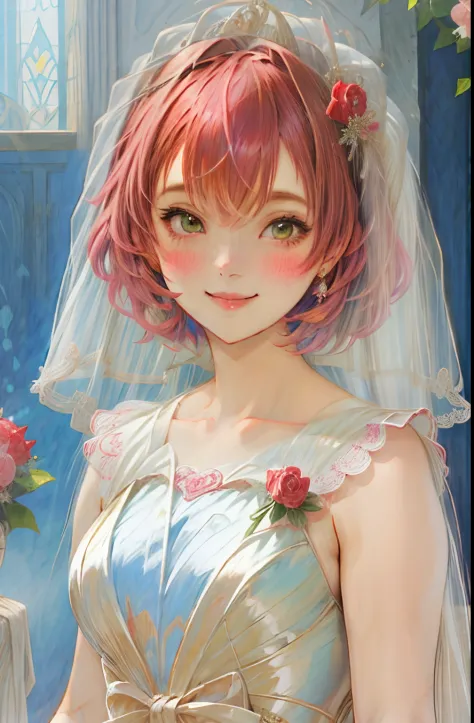 1girl in、short-hair、wedding, wedding dress,smile, roses, masutepiece, best quality, delicate facial features, correct human body...