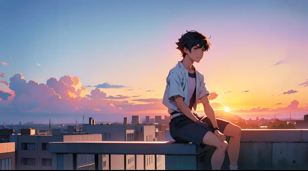 anime boy sitting on a ledge at sunset, anime art wallpaper 8k, anime art wallpaper 8k, anime art wallpaper 8k, estilo anime 8k,...