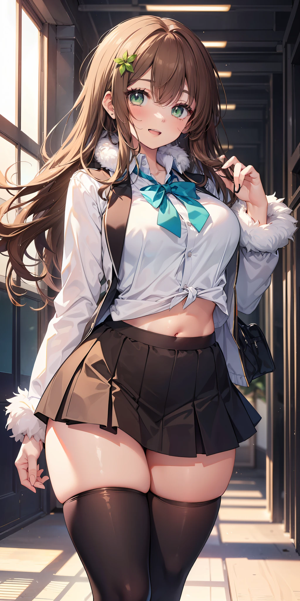 ((masterpiece)), ((best quality)), ((anime profile style)), ((HD 4k |)), ((female character)), ((High school girl)), (( Beautiful body)) , girl, female face, Happy, smiling, open mouth, teeth showing, manicured lips, ((tanned skin)), brunette, ((Light green eyes)), Eyelid, Pupil, Sclera, Iris, eyebrow , eyelashes, ear, nose, ((fur)), ((long brown hair)), ((hairlights effect)), (long-sleeved shirt), (blouse on top), (a school jacket), (skirt short), (tights), school shoes, ((light effect on clothing)), ((light effect on body)), neck, Shoulders, (thin waist), ((perfect belly)), arms, ((thick legs)), ((big thigh)), Backstory, ((walking)), details in environment, surrounding objects, ((lighting)), viewer's view