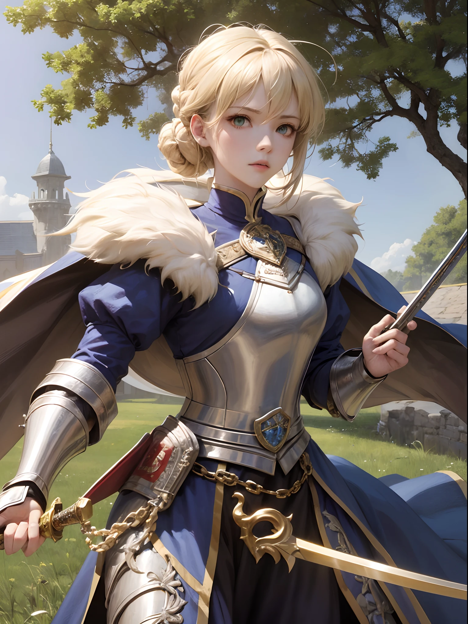 1girll，A face，Artoria，king arthur，King of Britain，FATE series，Knight King，medieval timeajesty，((Bright blonde hair))，Stand on the grass，Golden sword，The sword is in the middle of the picture，Close-up of the sword，Plug it into the ground，Sword in both hands，ln the forest，Serious expression，Heavy sterling silver armor，Sterling silver leg armor，Sterling silver armour，Dark blue heavy cape，Fur edges，Huge dark blue round battle skirt，Gold lace，Coiled hair，Poor milk，Green eyes，Solitude，A half body，(Ultra-high resolution)，(Ultra-high sharpness)，tmasterpiece，Best quality--auto