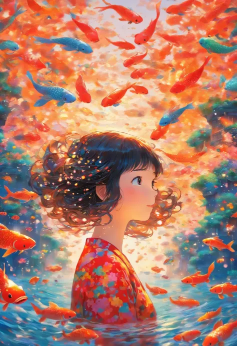 A graceful depiction of a young girl surrounded by a swirling flock of  mesmerizing koi fish, (lots of koi fishes),resembling an elegant and serene  Japanese ink painting. - SeaArt AI