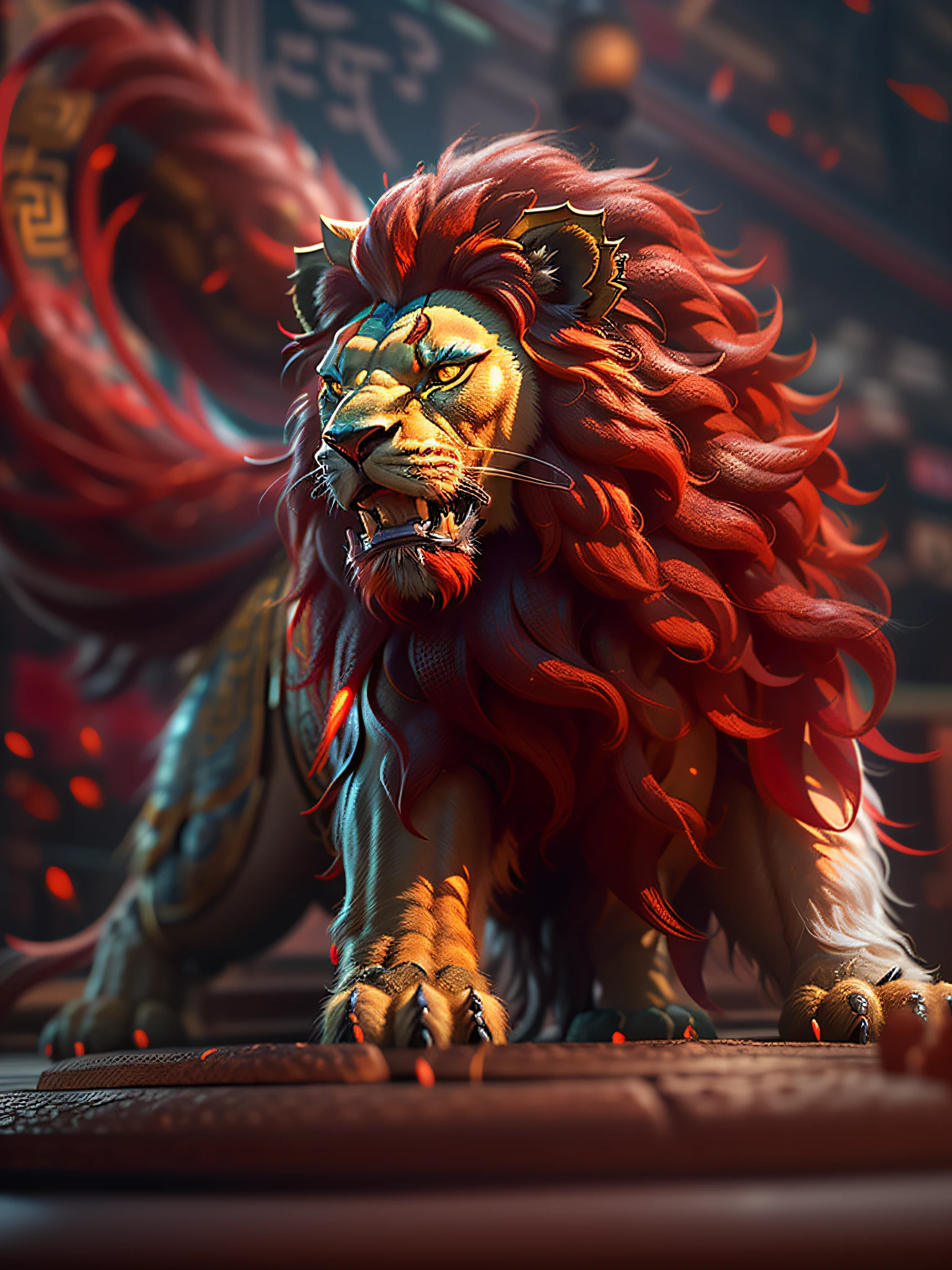 (The lion of the ancient Chinese mythical beast+Chinese mythology+Full of life，Red hair), hyperrealistic 3 d render, (Masterpiece+Best quality+high detal), Marvel at this pose，A true representation of award-winning photography+Reproduce the best visuals, perfect shot, Get eye-catching movie posters! Clear focus, Depth of field。