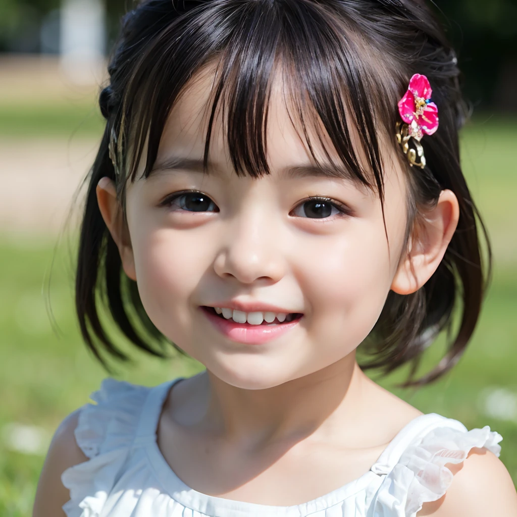 ((1 little girl, 3 years old, portrait)), look at viewer, very cute and babyish face, detailed eye, black hair, very cute smile, (BEST QUALITY, MASTERPIECE, ULTRA HIGH RESOLUTION, (PHOTOREALISTIC:1.4), RAW PHOTO, 8K)