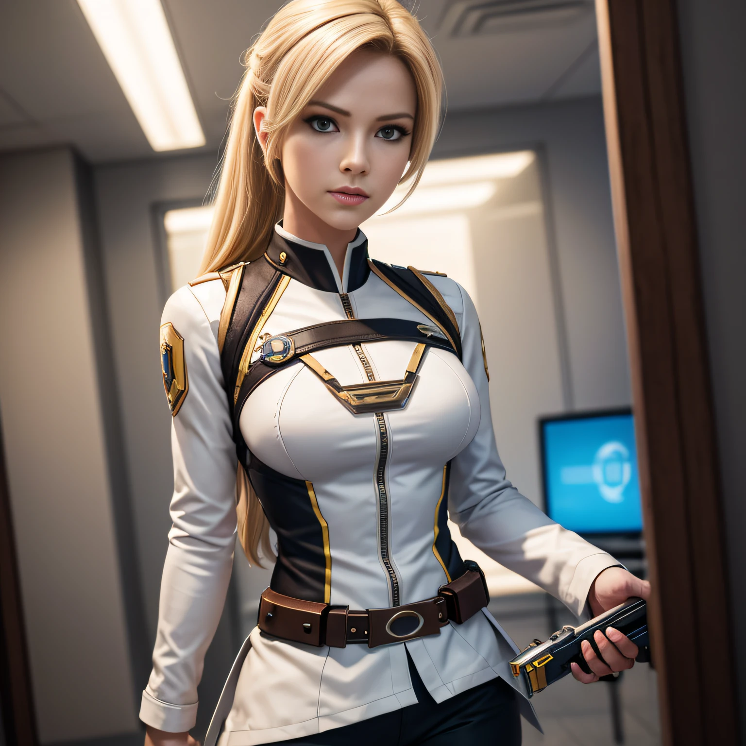 Best quality, Masterpiece, eyes reflection, Best quality, Masterpiece, The Eye of Mercy Reflex, Alone, In Starkta, Perfect body, Blonde, Overwatch mercy style hairstyle, OW uniform, Green eyes, Two arms, Hold your signature weapon, Low-cut uniform, utility belt, Alone, Command Room, 8K, Masterpiece, A high resolution, absurderes, natural volumetric lighting and best shadows, Deep depth of field,  Sharp focus, Naughty face, Super delicious, Medium breasts