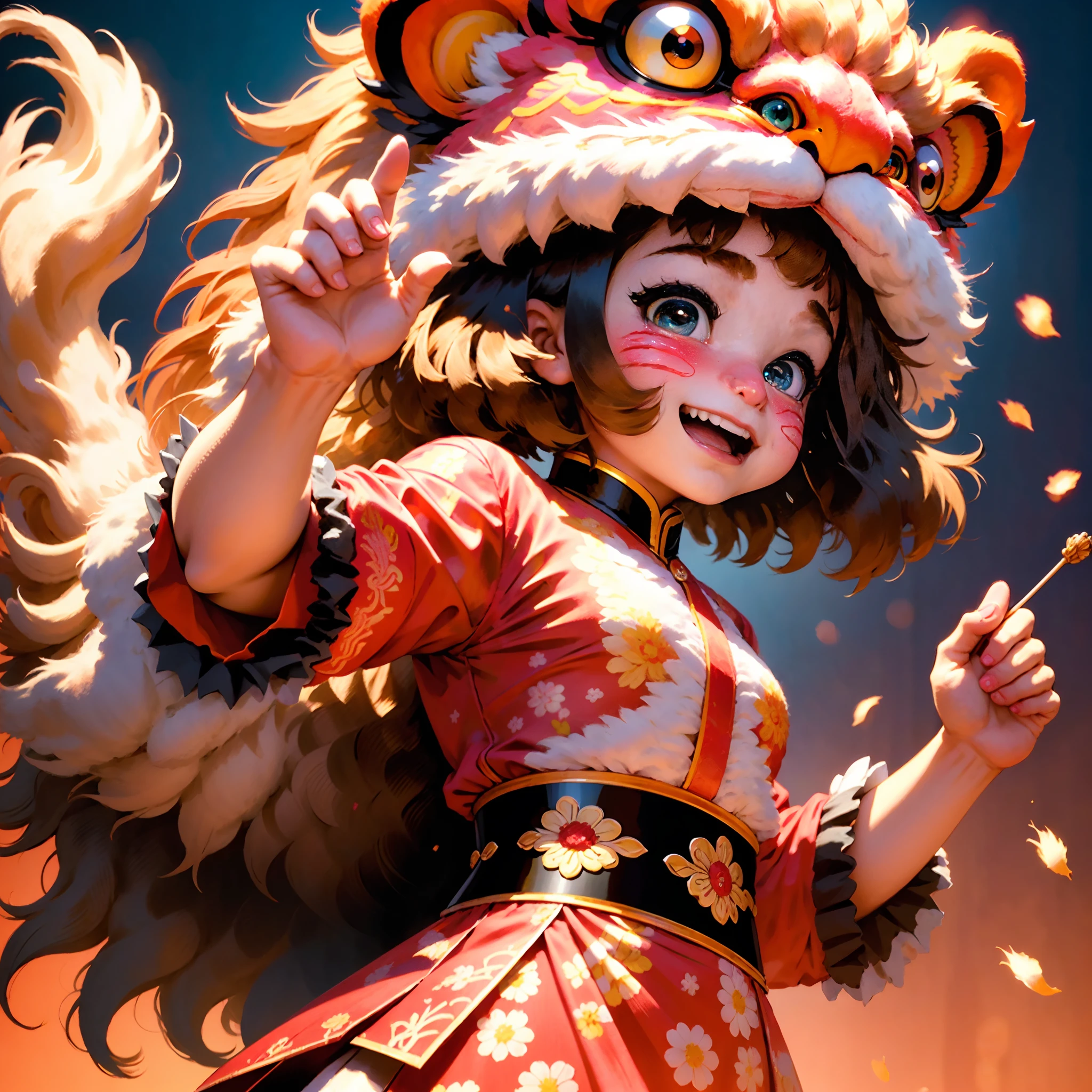 tmasterpiece，best qualtiy，highest  quality，ultra-detailliert，Best resolution，8K，CG，illustration，National style，Oriental Ancient Street，Mighty and domineering lion，Big-headed lion，Oriental lion dance，Impossible clothes，boisterous，bustle，jubilation，The sound of firecrackers，Anime effects，the detail，Happy little girl，Detailed facial details，Natural blush，anatomy correct，five fingers