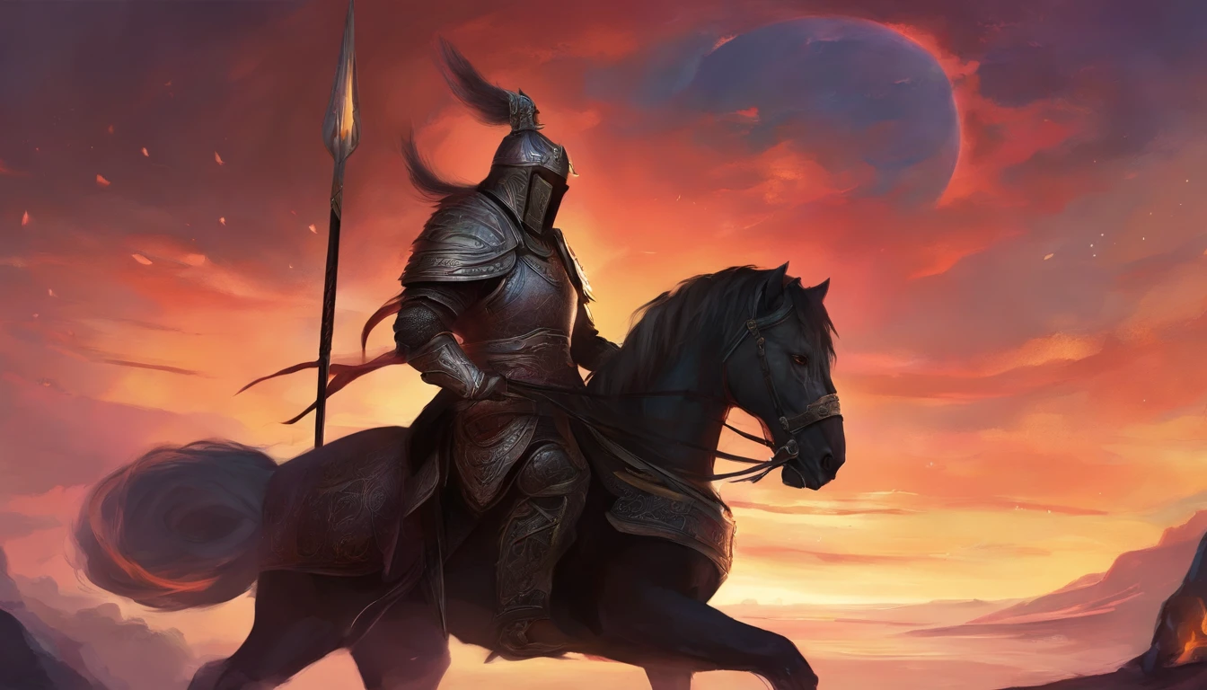 CGI artwork，Original Drawing，Black Metal Armor，Heavily armored samurai，Medieval samurai，femele，long whitr hair，ride horse，Dark horse，Kill，battlefiled，Fight in blood