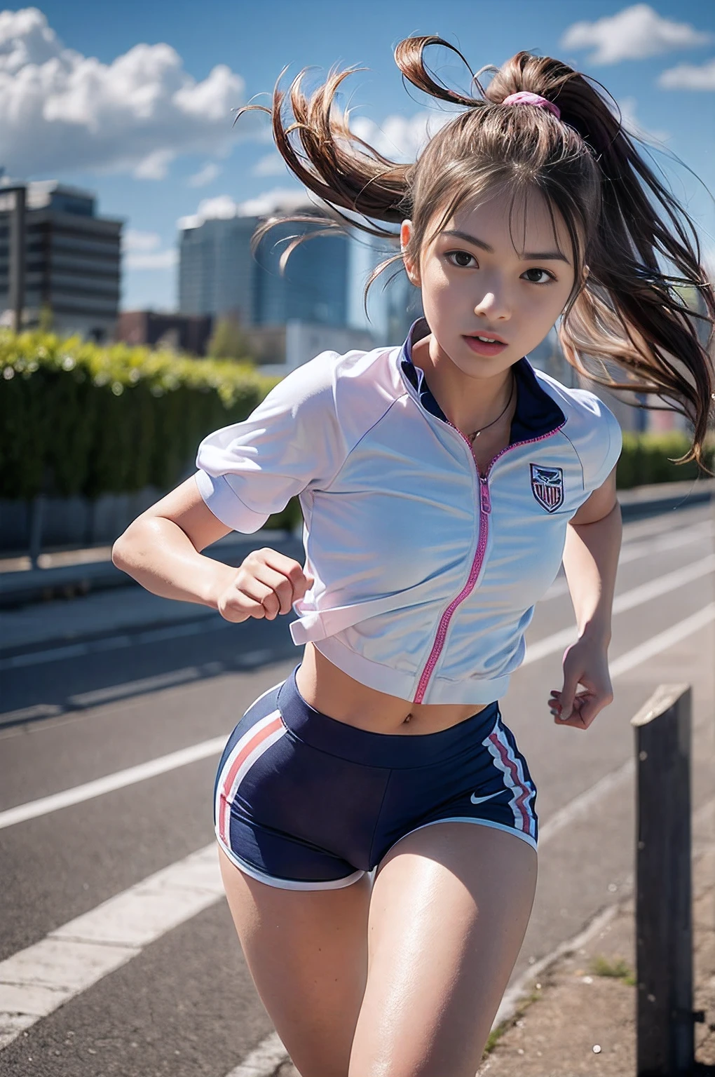 1 girl, solo, running, Gray Track Top, pink shorts, ponytail, athletic build, dynamic brushstrokes, fluid movement, capturing the essence of her athleticism and energy, using light colors and soft tones to create a dreamy and ethereal atmosphere, portraying the motion and grace of running, showing the wind blowing her ponytail and clothes, and the scenery of her surroundings.

outdoors, detailed background, Modern metropolis,