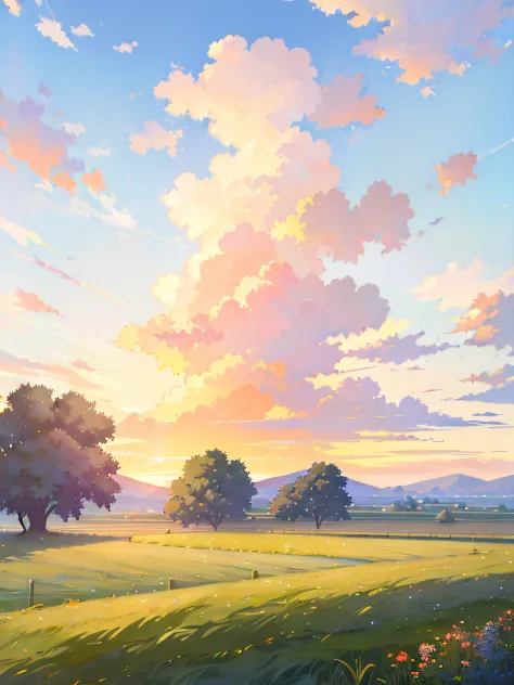 in the distance there are field paintings of farms and houses, anime countryside landscape, ross tran. scenery background, beaut...