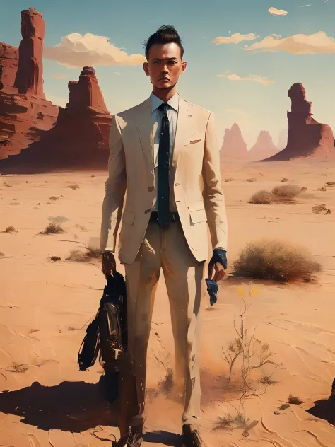 Painting of a man standing、Wearing a suit、desert background、artstation hd、detailed paintings、Photos taken in Plovia、Kodak Portra...