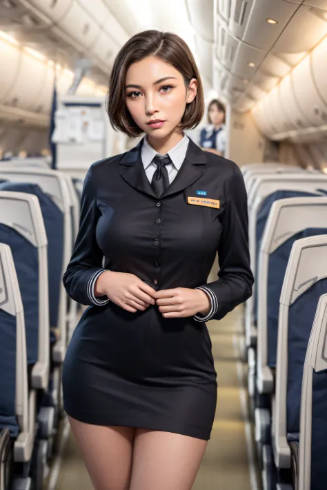 8K, of the highest quality, Intricate details, Ultra Detail, Ultra High Resolution, masterpiece, smile, (fluffy brown eyes), 1female, Solo, 40 years, (full stewardess uniform:1.4), Standing, ((Beautiful Face)), (Black short hair), (Detailed face), Detailed...