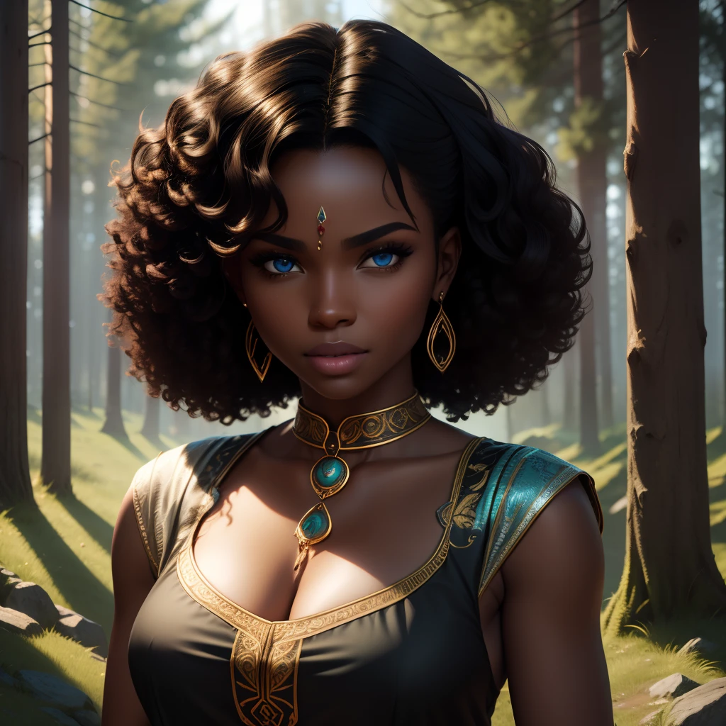 femme, belle peau noire, africain, visage symétrique, cheveux noirs bouclés cheveux bouclés, yeux bleus, arrière, haut du corps, portrait, vêtements ceda, bijoux lumineux, lumière dynamique, paysage forestier médiéval, HD, 8k, TN-RpgGameGirl