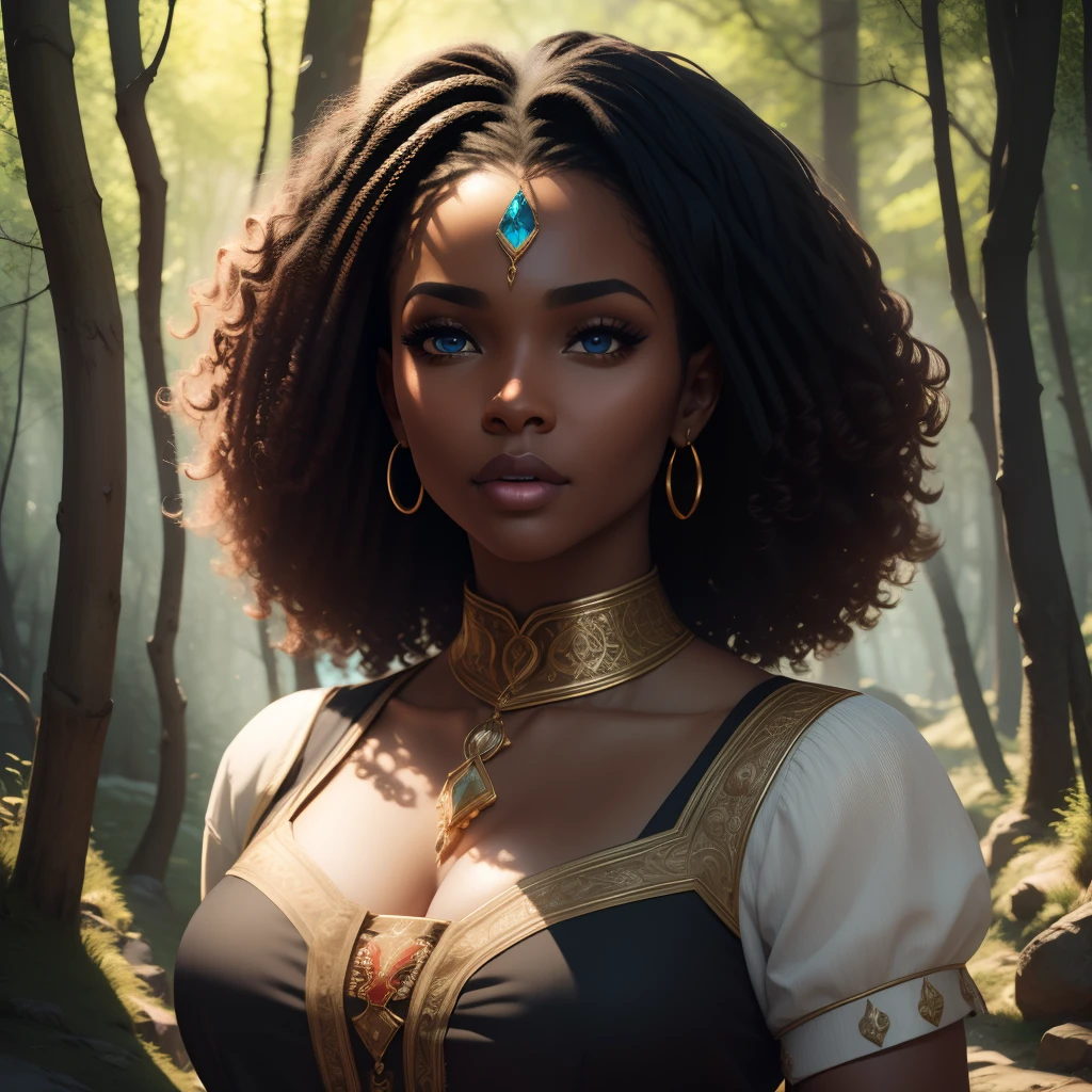 femme, belle peau noire, africain, visage symétrique, cheveux noirs bouclés cheveux bouclés, yeux bleus, arrière, haut du corps, portrait, vêtements ceda, bijoux lumineux, lumière dynamique, paysage forestier médiéval, HD, 8k, TN-RpgGameGirl