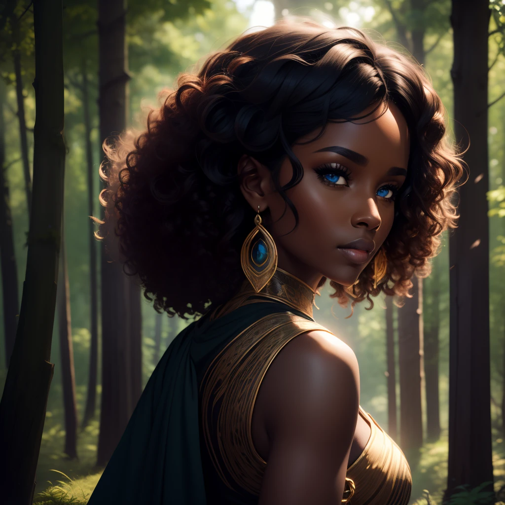 femme, belle peau noire, africain, visage symétrique, cheveux noirs bouclés cheveux bouclés, yeux bleus, arrière, haut du corps, portrait, vêtements ceda, bijoux lumineux, lumière dynamique, paysage forestier médiéval, HD, 8k, TN-RpgGameGirl