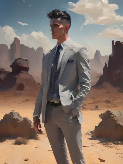 Painting of a man standing、Wearing a gray suit、Pomade hardened hair、desert background、portlate、artstation hd、detailed paintings、...