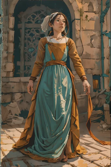 masterpiece, best quality, hyper detailed gouache portrait of a female medieval nouble dress, character prop art, epic scene ill...