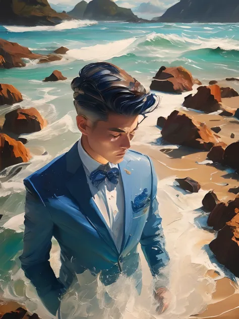 Painting of a man standing、Wearing a blue suit、Pomade cured hair、Have a suitcase、Background of an isolated island floating in th...