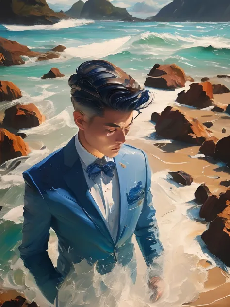 painting of a man standing、wearing a blue suit、pomade cured hair、have a suitcase、background of an isolated island floating in th...