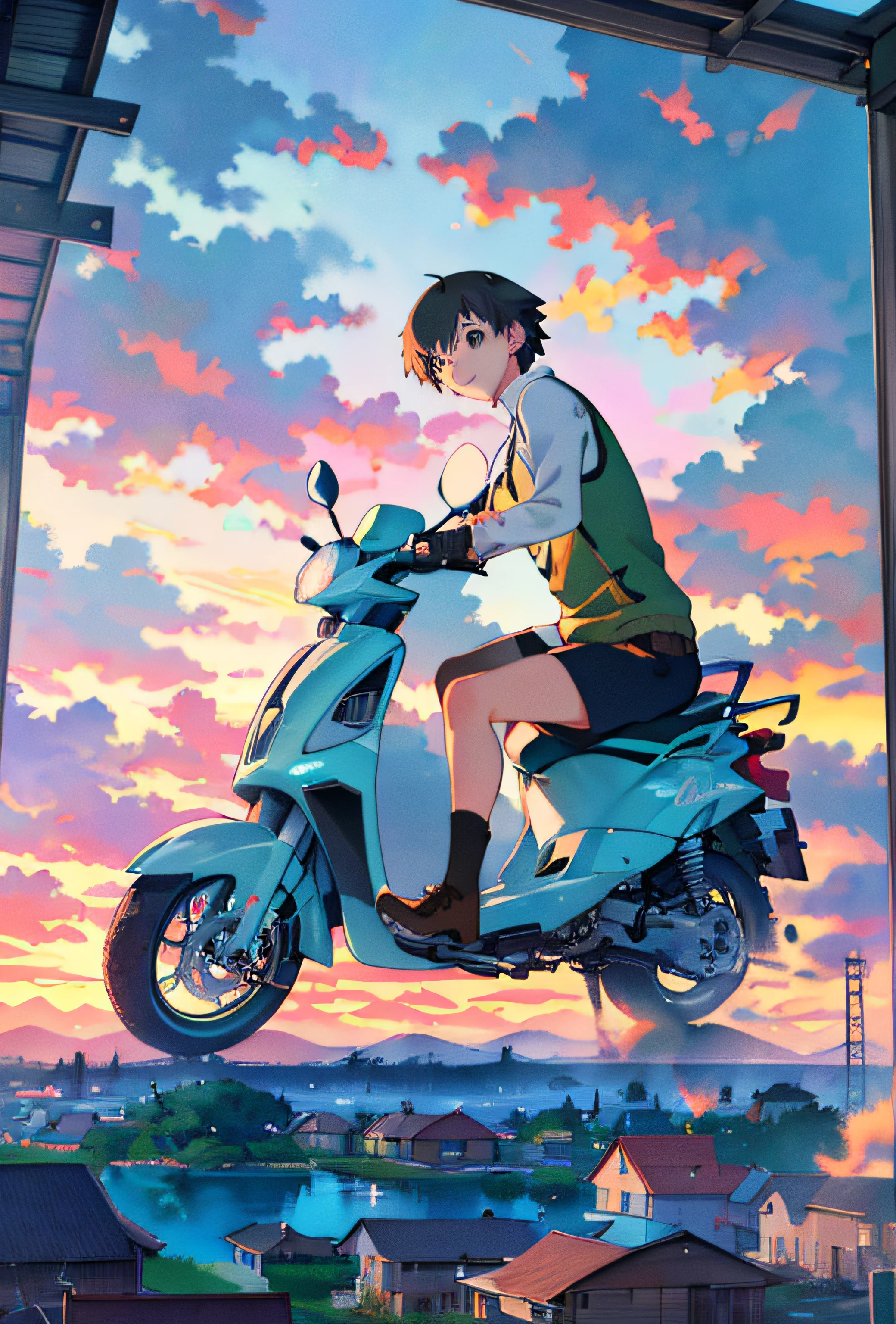 In the distance there are field paintings of farms and houses, anime countryside landscape, ross tran. scenery background, beautifull puffy clouds. anime big breast, landscape artwork, Anime landscape concept art, studio glibly makoto shinkai, Makoto Shinkai's style, beautiful anime scenery, Anime landscape, Anime landscapes, ( ( Makoto Shinkai ) )(Best quality,4K,8K,A high resolution,Masterpiece:1.2)