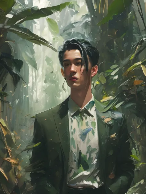 Painting of a man standing、Wearing a dark green suit、Pomade cured hair、Have a suitcase、Jungle background in dense forest、portlat...