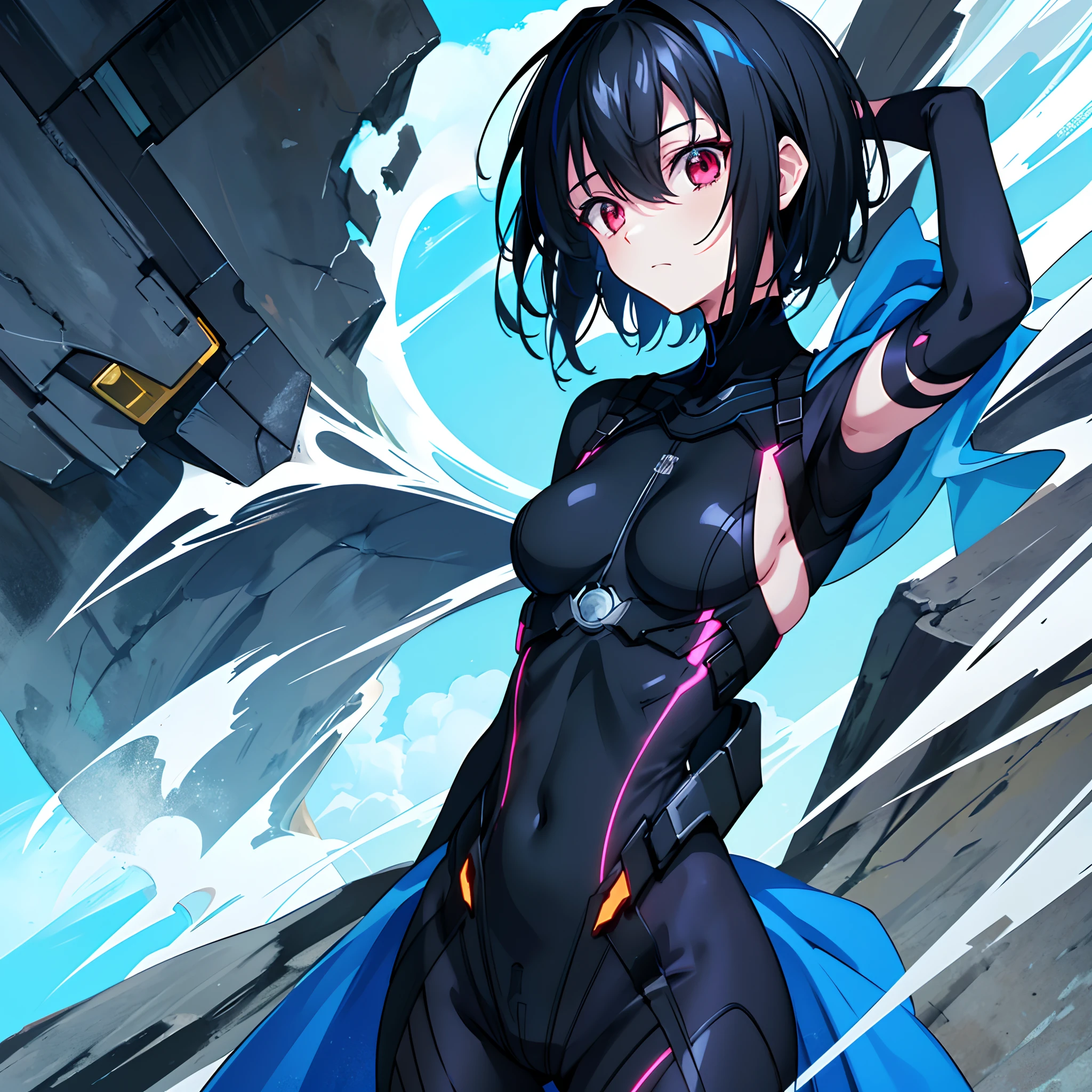 Masterpiece, best quality, aberrant colours, 1 girl, solo, (dim_lighting:1.3), far away view, (zoomed_out:1.3), shoulder look, long open suit over blue gown, loose short hair, black hair, glowing red eyes, dark colours, standing atop a high cliff