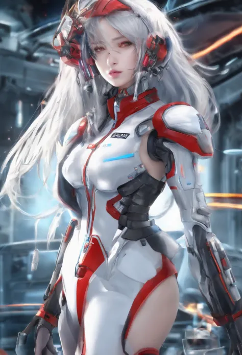 Highest image quality，Outstanding details，超高分辨率，（Fidelity：1.4），The best illustration，Favor the details，closeup cleavage，A mech girl，He has a delicate and beautiful face，（（Red and white semi-mechanical body：1.8）），Raised sexy，，cleavage，onbed，frontage，cyber p...