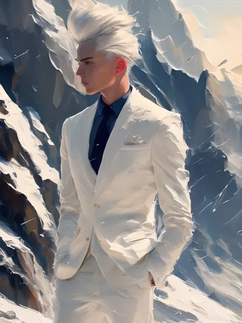 Painting of a man standing、Wearing an off-white suit、Pomade cured hair、Have a suitcase、Windy snowy mountains background、portlate...
