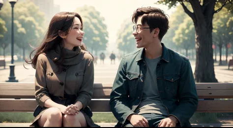 The couple sitting on a bench, talking and laughing.