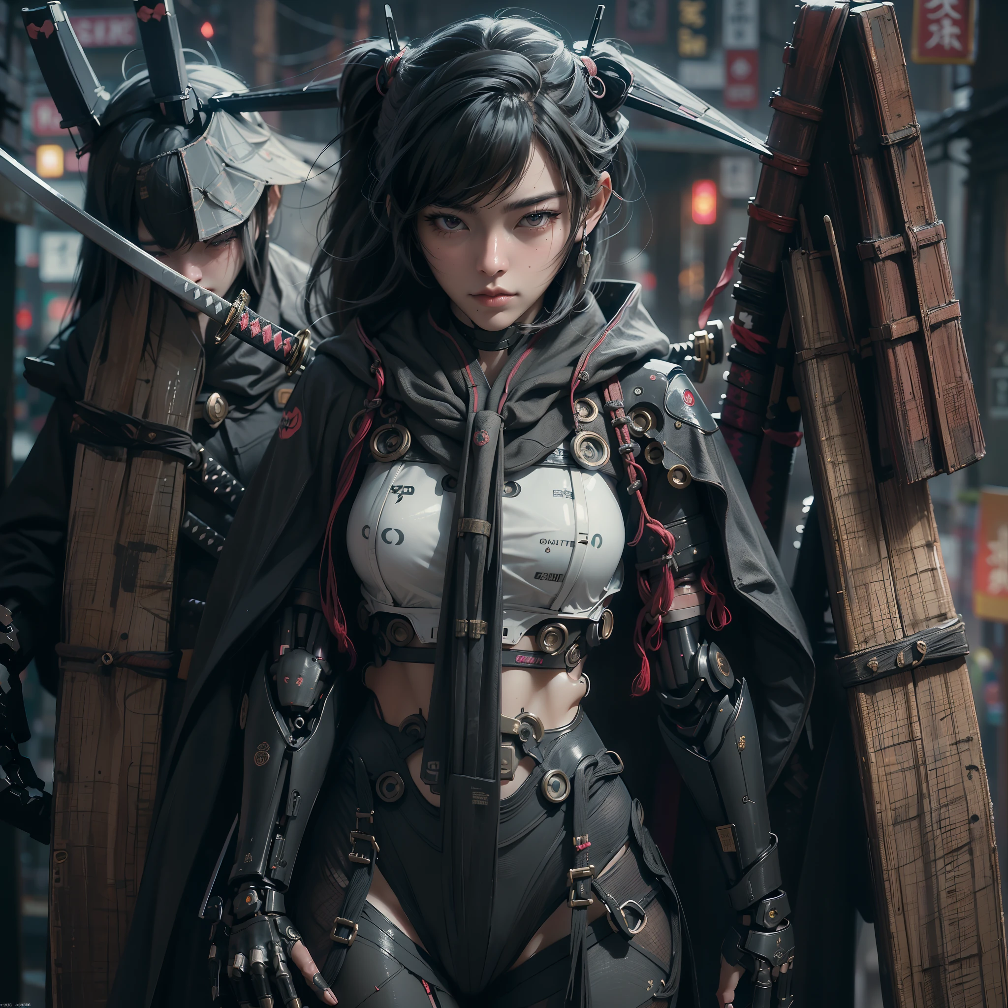 1female samurai cyborg wearing a cloak, (Black Coat:1.2), holding sword, Katana, Goddess, complex, 8k, wallpaper, (Masterpiece, Best quality:1.2), extremely detailed, cinematic, iridescent, armor, mecha,