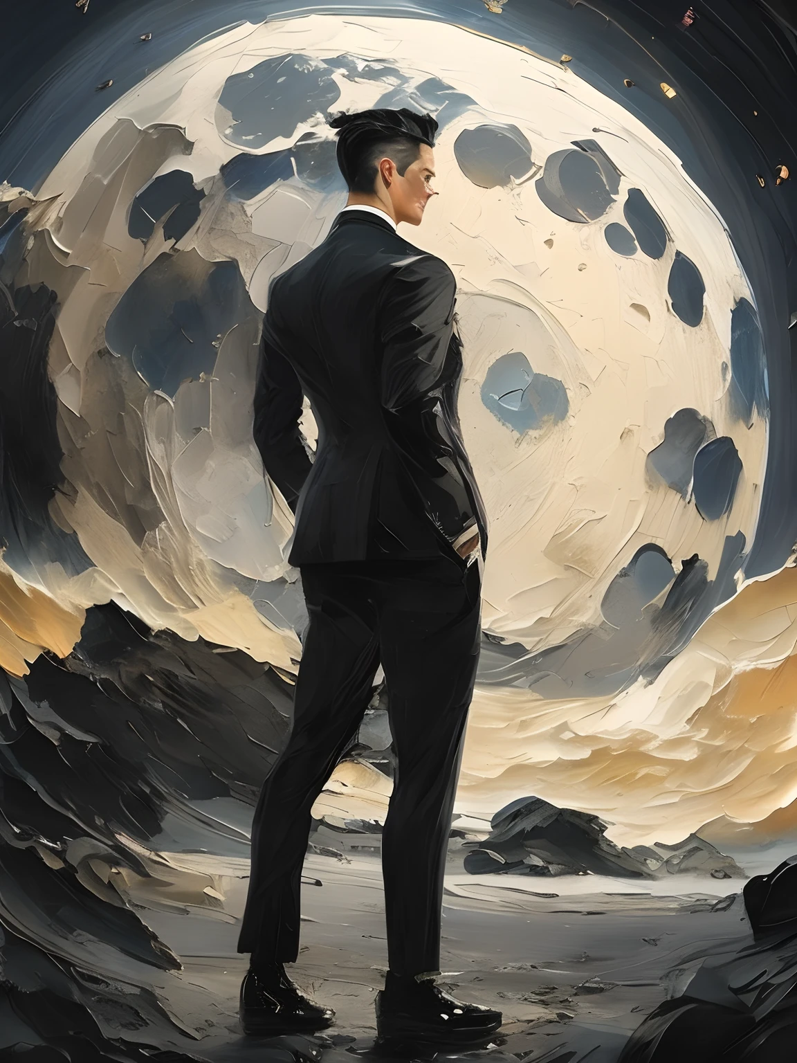 Painting of a man standing、Wearing a black suit、Pomade cured hair、Background standing on the moon、portlate、artstation hd、detailed paintings、Photos taken in Plovia、Oil painting style、shading、Kodak Portra、film grains、Unsplash function、film grains、cinematic view、Photos taken in Plovia