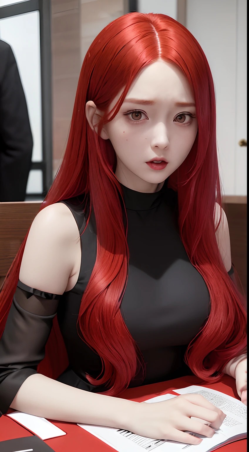 a woman with long red hair sitting at a table with a comic strip, anya from spy x family, & her expression is solemn, anime girl wearing a black dress, rena nounen style 3/4, marvelous expression, she has red hair, grim expression, marin kitagawa fanart, menacing look, very sad, nefarious smirk, manhwa