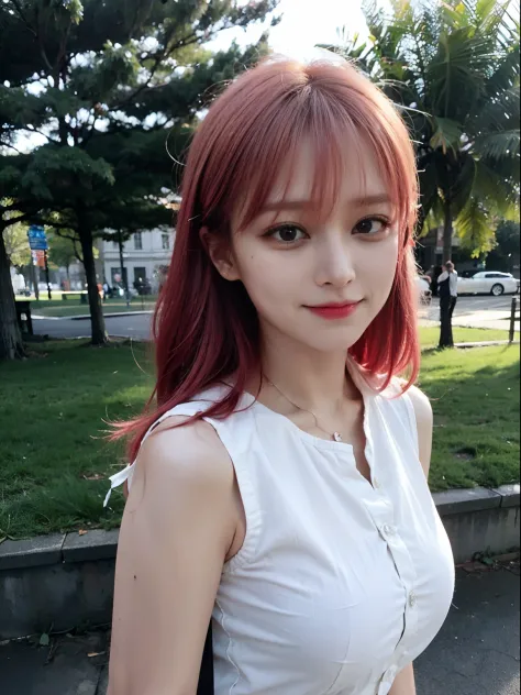 best quality, realistic, ultra high res, (photorealistic1.4), 1girl, solo, bareface, glowing eyes, red eyes, red hair, smile, sleeveless red button shirt, in the park, ((upper body)), ((puffy eyes)), (((looking at viewer))), ((closeup)),