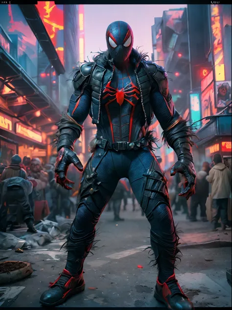 Spider-Man and Variant King Kong combined，Become a zombie,(top-quality、8K、32K、tmasterpiece、NFFSW:1.3)、(hyper HD)、(Photorealsitic:1.4)、RAW photography,Perfect eyes,Charming perfect figure,actionpose:1.2,Detailed cyberpunk fashion、Cyberpunk world,depth of fi...