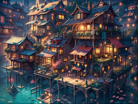 Color (Fantasy: 1.2), (Hayao Miyazaki style), (irregular building floating in the sea), patchwork cottages, flower decorations, lights, concept art inspired by Andreas Rocha, Artstation contest winner, Fantasy art, (underwater city), ross tran, light shaft...