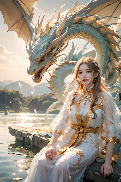 Dragons in Chinese mythology,(Portrait of an angel and a dragon god:1.3,)(Sheer and revealing white fluffy outfit:1.3, ),(Angel ...