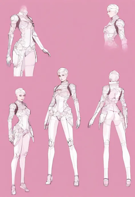 1girl, reference sheet, matching outfit, (fantasy character design, front, back, sides, left, right, up, down), cyborg body (pink), tattoos on her pubic area and at her thighs, beautiful detailed eyes (pink), short hair (pink), a beautiful girl in arcane a...