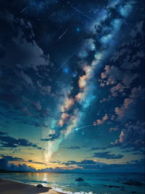 (zoom:1.1), (meteor shower:1.2), (comet:1.1), low angle, arora borealis, shooting star, top quality, masterpiece, clouds, colorful, southeast Asian beach, summer, seascape, small islands