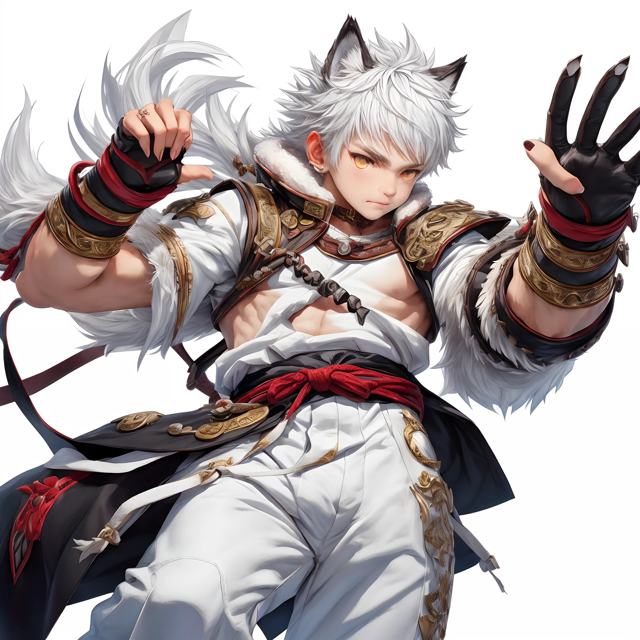 Jumping around aggressively，male teen，With silver hair，Dog ears grow out of the head，Tun-tsun hair，Wolfcut，dishevled hair，White attire，Decorative collars，tusk，yellow  eyes，sharp big eyes，Rampaging figure，battleing，Dog tail，furred，nails are long，Muscular masterpieces、disheveled clothes，top-quality、(illustratio)、boyish、(White hair)、cute little、(Fur and white clothes)、Background of Japan Shrine