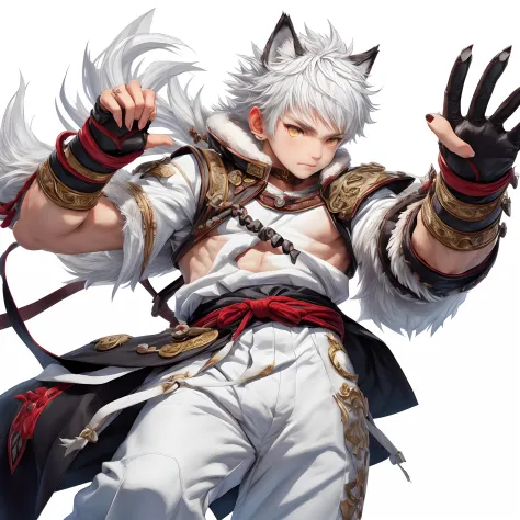 Jumping around aggressively，male teen，With silver hair，Dog ears grow out of the head，Tun-tsun hair，Wolfcut，dishevled hair，White ...