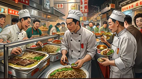 Young and promising male chef with a plate of tempting beef noodles，The beef noodles exude a tempting aroma。Surrounded by a lively snack street，People flock to buy food ,in the style of the stars art group xing xing, 32K, Best quality, Masterpiece, Super d...