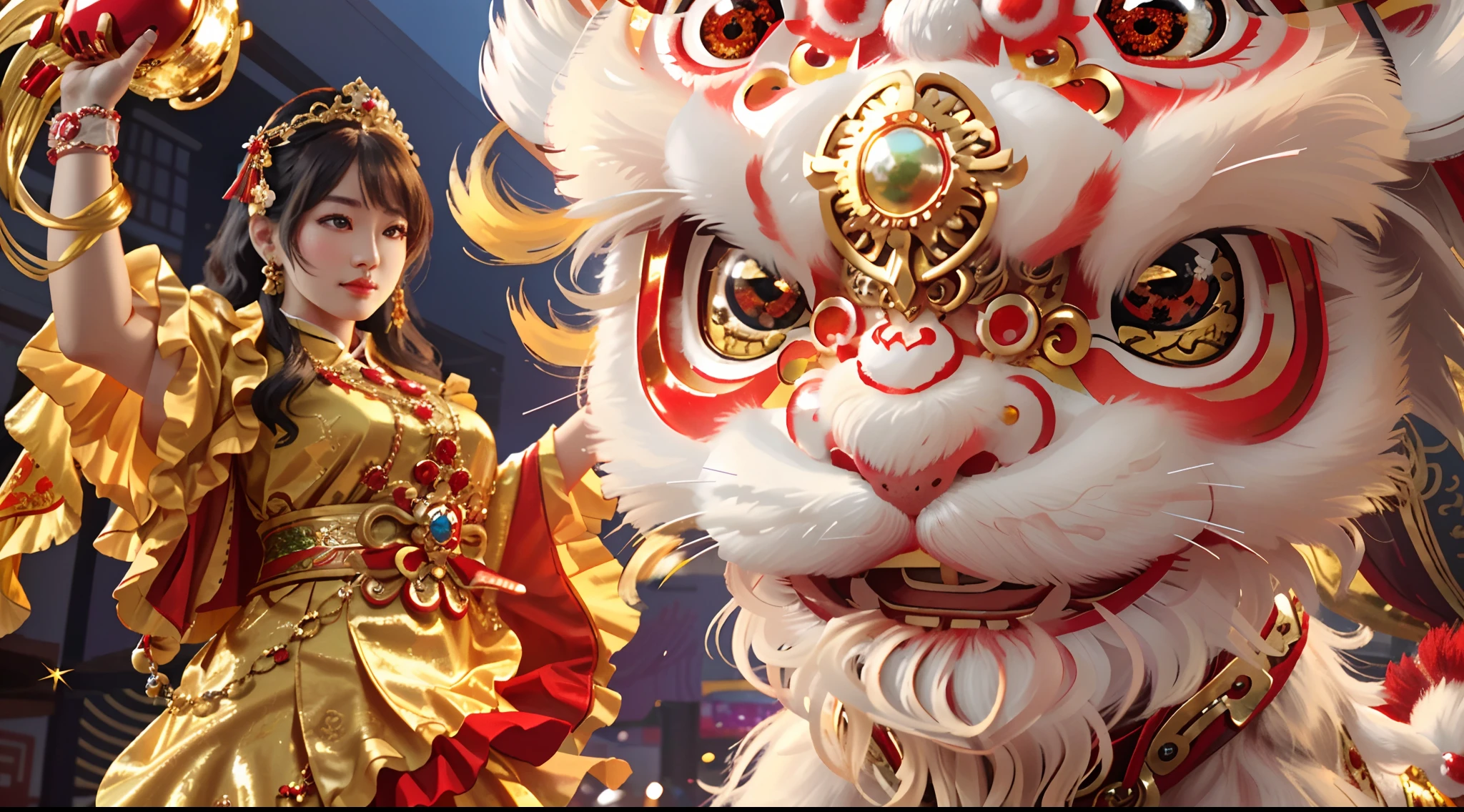 (Best picture quality, 4k,8k, high quality, masterpiece :1.2), super detail, (realistic, realistic, realistic :1.37), in the New Year festival, traditional lion dance performance, a girl holding red gold thread hydrangea, a powerful lion dance, constantly blinking eyes and shaking head, girl and lion dance, lion head beautifully made, red jewel eyes, Blue jewel forehead decoration, ornate and luxurious lion head artwork, Chinese elements, traditional cultural background, traditional craftsmanship, exquisite handcrafting, opulent, majestic, sparkling gemstones, lifelike details, bright colors, shiny polished surfaces, decorative pieces, East Asian heritage, cultural heritage, antiques, bronze sculptures, symbols of power and strength, traditional lion dance, Eye-catching center, sophisticated design, authentic presentation, impressive craftsmanship.