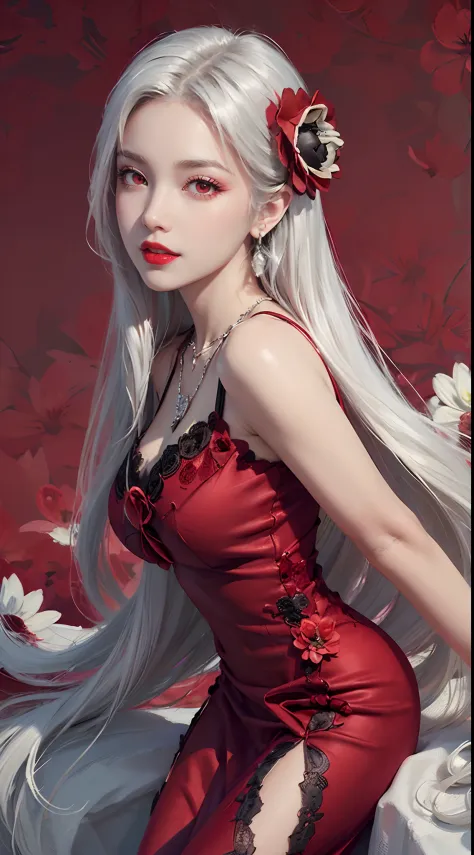 1 beautiful and sexy 20 year old girl, ((wearing a super thin red dress:1.8)), dress with diamonds, ((long platinum hair:1.6)), ...