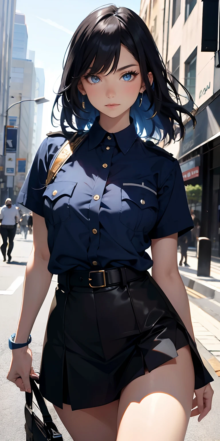 Absurd resolution, A high resolution, (tmasterpiece:1.4), ultra - detailed, 1girll,blue color eyes, cabelos preto e longos，Wear a police uniform and a short skirt, the city street,sexyposture, The camera is close to the body