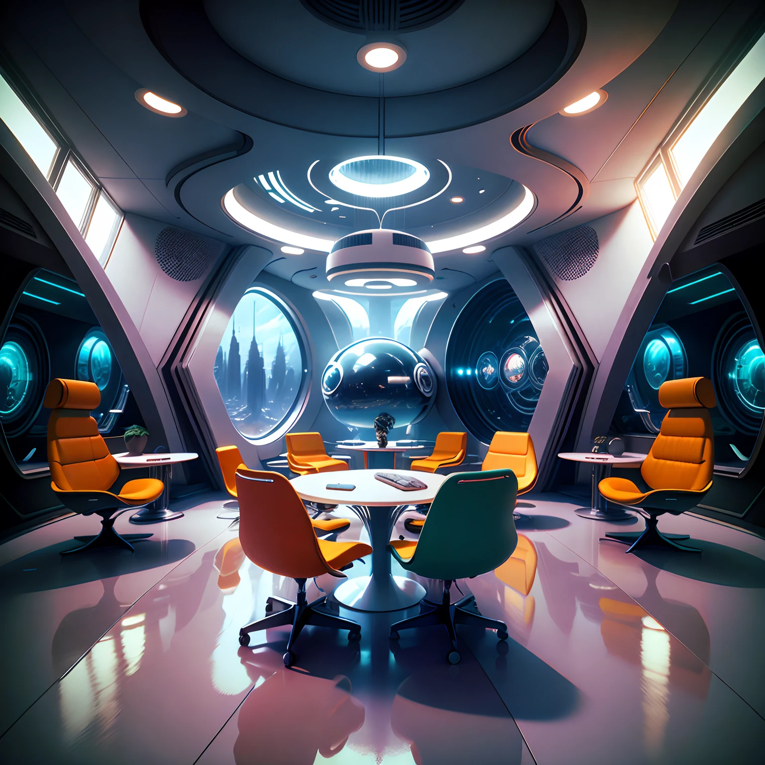 a near-future conference room in a metaverse or fictional world, wide angle lens, futuristic, Sci-fi design, Collaboration space design, High-tech furniture, Mood lighting, HQ, high quality, modern interior design, crystal, Futuristic architecture