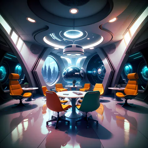 a near-future conference room in a metaverse or fictional world, wide angle lens, futuristic, Sci-fi design, Collaboration space...