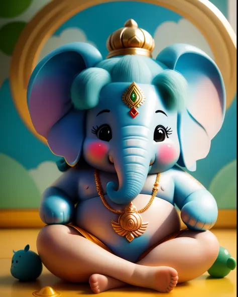 Create a cartoon illustration of a baby elephant as a Hindu god ganesh, bal ganesh