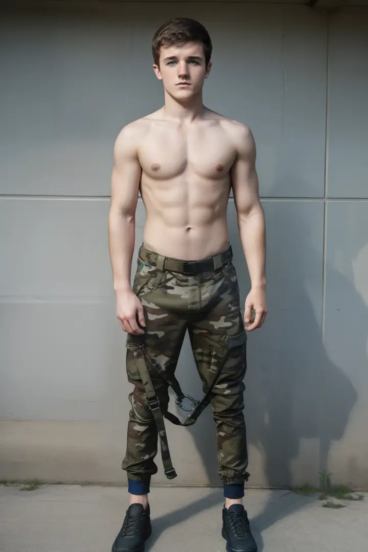 Young male, Josh Hutcherson, teenage, caucassian masculine square face, best quality, harness, full body view, camo pants, topless, chained
